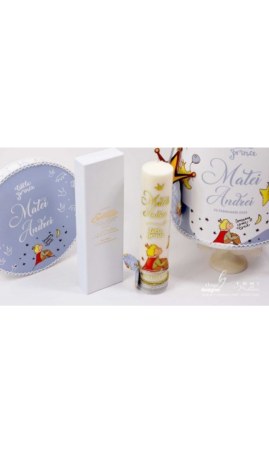 Lumanare stalp scurta pentru botez cu Micul Print folio gold 10